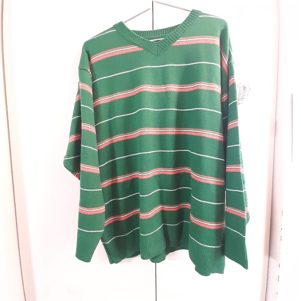 Vintage Striped Green Sweater Loose V-neck Long Sleeve Knitted Top